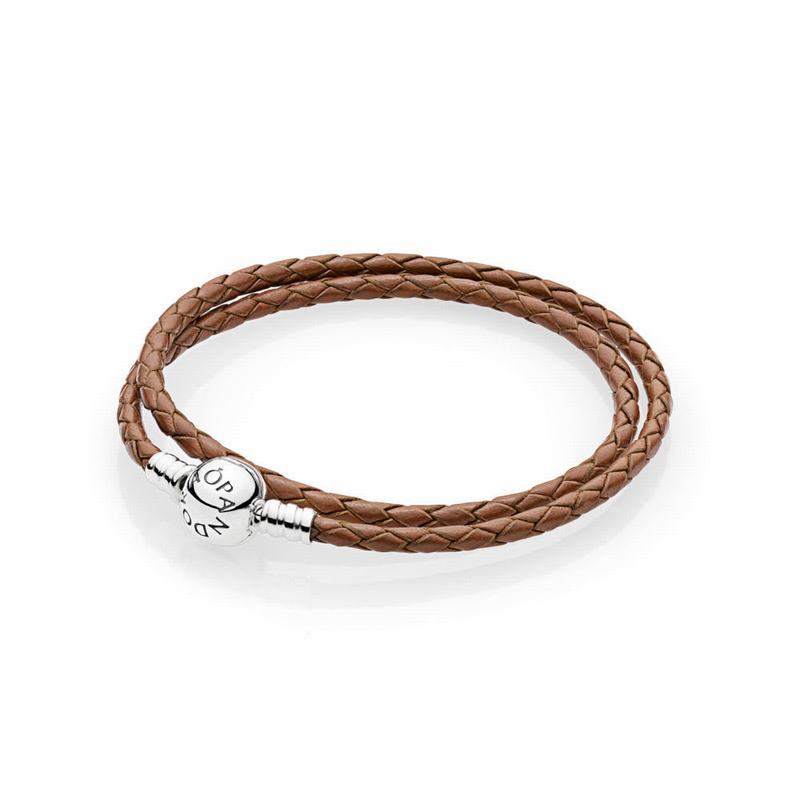 Pandora brown Braided Double-Leather Charm Bracelet Online NZ, Sterling Silver (913074-AZD)